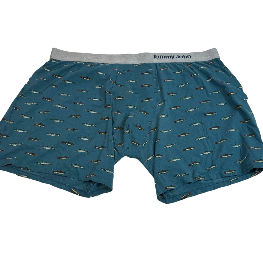 Tommy John Cool Cotton Boxer Briefs 2XL Teal Blue Trout Fish‎ Print Underwear
